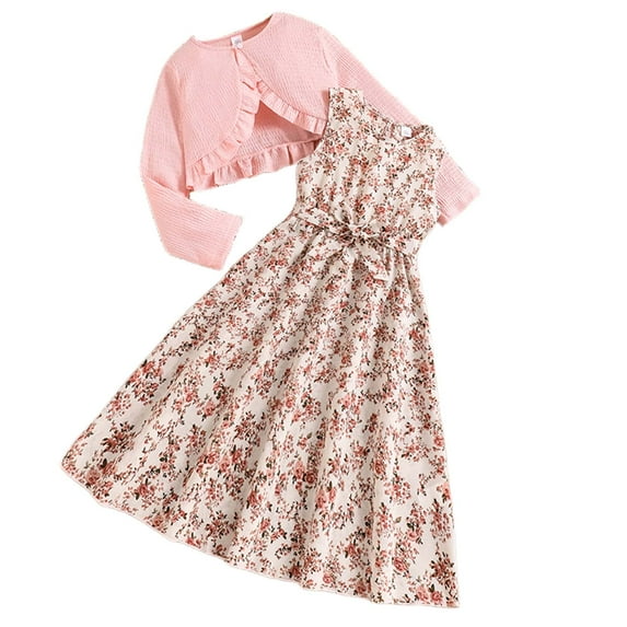 Splozh Toddler Tutu Dress Girls Sweet Floral Print Sweet Casual Skirt Solid Color Cardigan Two Piece Set Red,8-9 Years