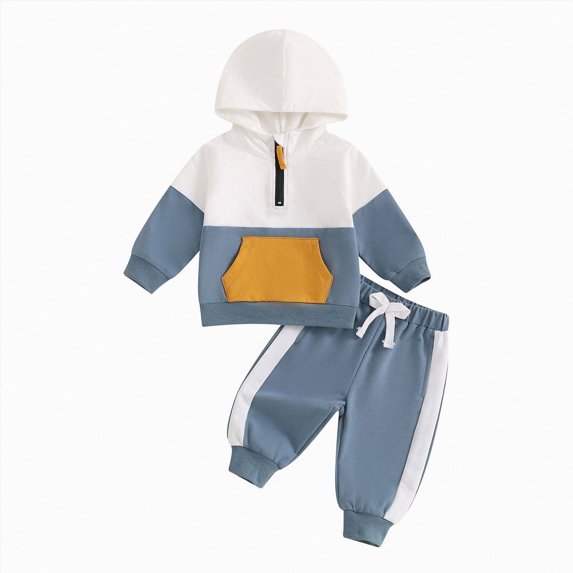 Splozh Toddler Winter Clothes Boys Casual Fashion Set Hooded Sweatshirt Long Pants Two Piece Set Tops and Joggers Pants Outfit Set,Sky Blue,12-18 Months