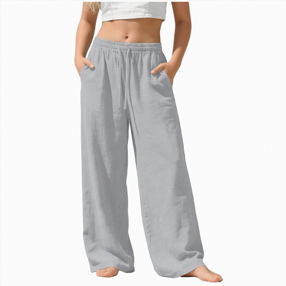 Splozh Trendy Pants for Teen Girls Fashion Girls Linen Pants Elastic Waist Wide Leg Pants Summer Flowy Palazzo Trousers with Pockets,Light Gray,13-14 Years