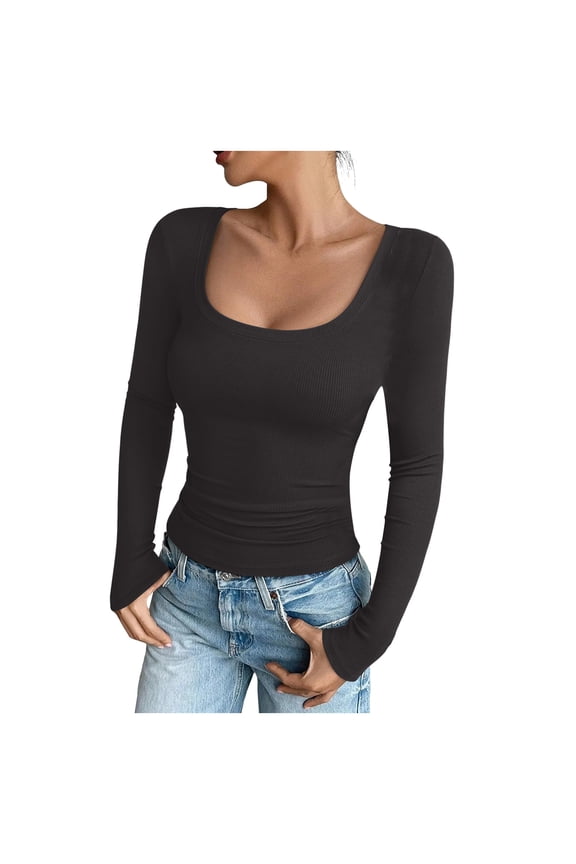 Tshirts Shirts for Womens Long Sleeve Shirts Crop Tops Fall Fashion 2025 Square Neck Going Out Basics Tees Y2k Clothes Dark Gray,M