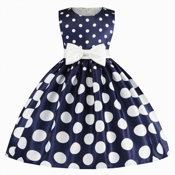 Splozh Tutu Dress for Girls Princess Dress Kids Girls Bowknot Dot Printed Pageant Gown Birthday Party Princess Wedding Dress,Navy,4-5 Years