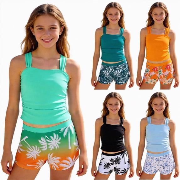 Splozh Tween Bathing Suits for Girls Two Piece Tankini, Comfortable Swimsuits for Teens Summer Beach Wear Green,9-10 Years
