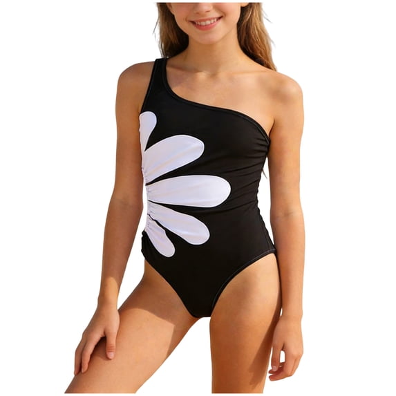 Splozh Tween Swimsuits Kid Girls Bathing Suits Summer Stretchy Beach Swimwear Cute Floral Print Swimsuit Black,7-8 Years