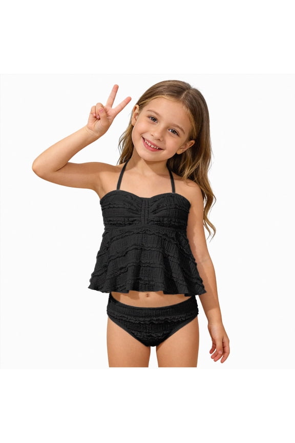Tween Tankini Swimsuits for Girls, Two Piece Bathing Suits for Teens Summer Beach Swimming Outfit Black,13-14 Years