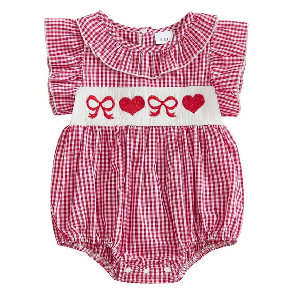 Splozh Unisex Baby Cotton Bodysuits Baby Girl Valentines Day Bubble Romper Sleeveless Toddler Heart Smocked Clothes Red,12-18 Months