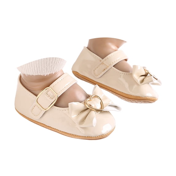 Splozh White Toddler Dress Shoes Baby Girls Mary Jane Flats Sparkly Bowknot Princess Dress Crib Shoes Non Slip for Toddler First Walkers Beige,US 4