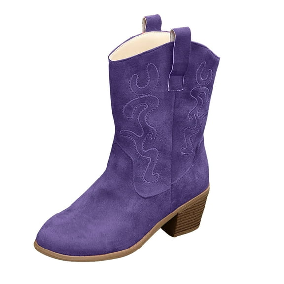 Splozh Wide Calf Cowboy Boots Women Western Cowboy Ankle Boots for Women Low Heel Mid Calf Cowgirl Boots Slip On Round Toe Chunky Heel Fashion Retro Boots Suede Back Zipper Fall Purple,US 6