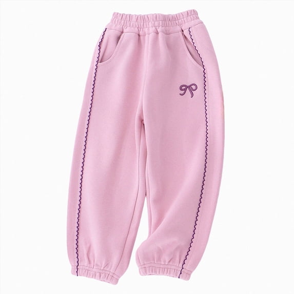 Splozh Wide Leg Pants for Girls Girl's Bowknot Baggy Sweatpants Lightweight Straight Leg Athletic Pants with Pockets Straight Leg Pants Long Pants,Pink,7-8 Years