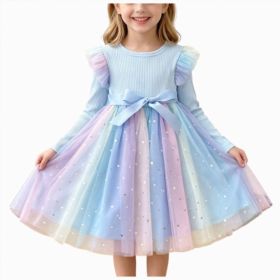 Splozh Winter Princess Dress for Toddler Girls Soft Cute Girls Fashion Fall Winter Long Sleeve Holiday Party Dress Photoshoot Outfit Girls Long Sleeve Dresses,Sky Blue,1-2 Years