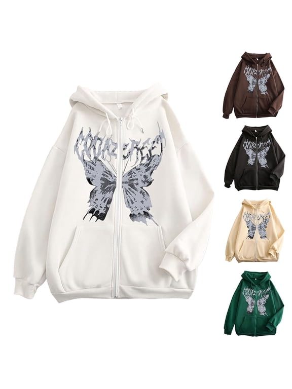 Women Men Y2K Zip Up Oversized Hoodie Skeleton Butterfly Gothic Emo Grunge Jacket Alt Graphic Baggy Dark Academia 90s (Khaki,L)