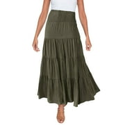SPLOZH Women's Girls Elastic Waist Long Flowy Bohemian Cotton Casual Maxi Skirt for Summer Beach Holiday,Army Green S