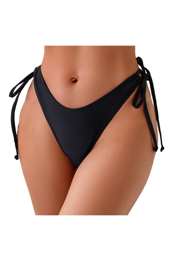 Women's Tie Side Bikini Bottoms Mid Rise String Bathing Suits Bottom,Black M