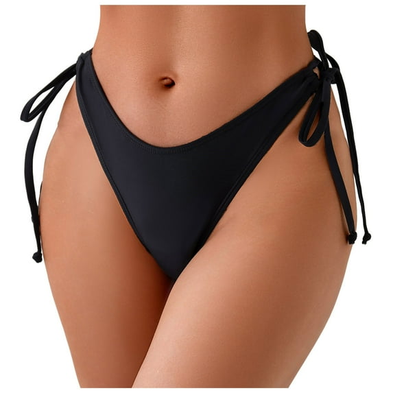 Splozh Women's Tie Side Bikini Bottoms Mid Rise String Bathing Suits Bottom,Black S