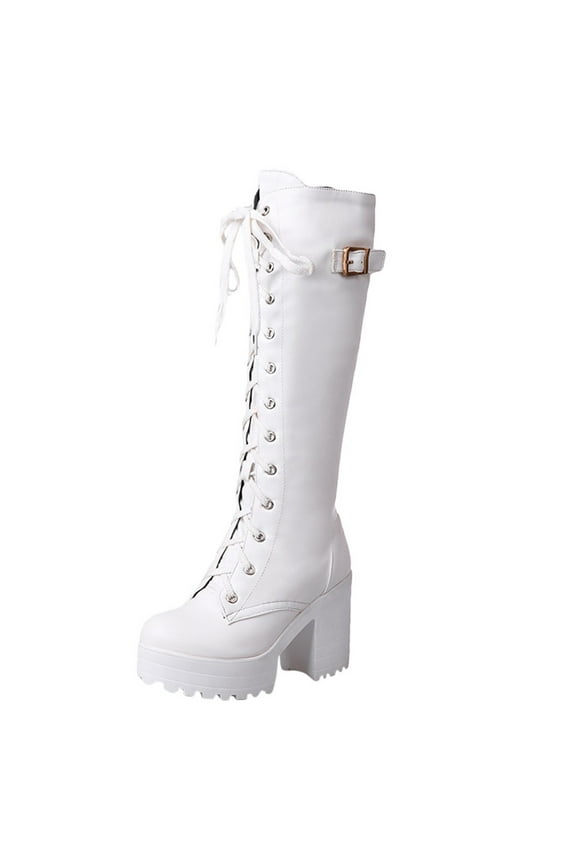 Womens Boots Heels Women's Lace Up Platform Combat Knee High Boots with Comfort Chunky Heel Fashion Boots White,US 9