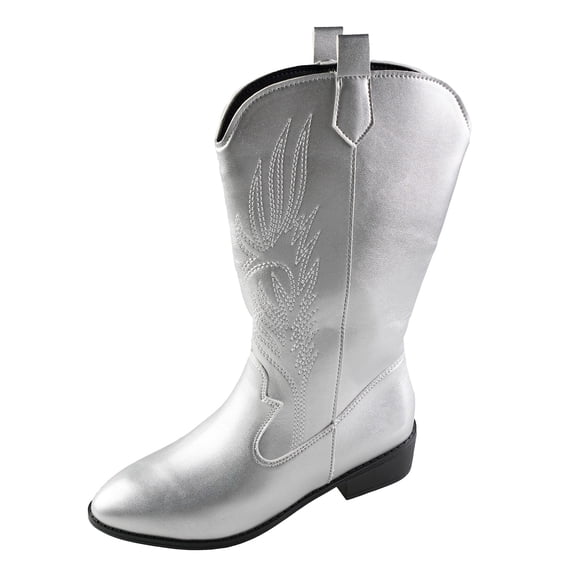 Splozh Womens Boots Knee High Western Cowboy Boots for Women Knee High Wide Calf Cowgirl Boots with Slip On Pointed Toe Chunky Heel Fashion Retro Tall Boot for Girls Ladies Fall Winter Silver,US 8