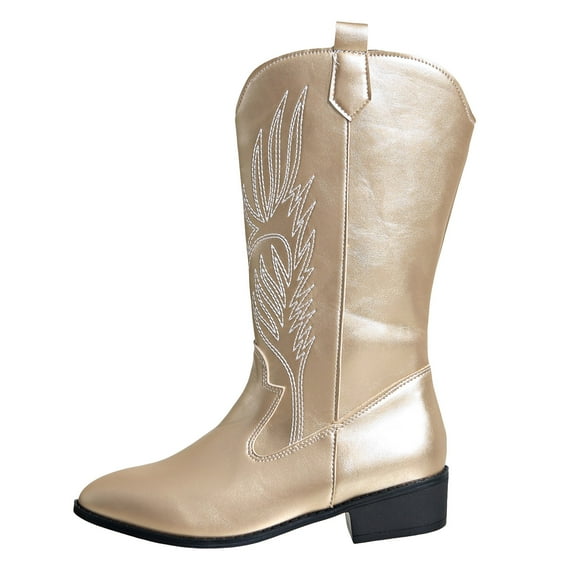 Splozh Womens Fall Boots Knee High Western Cowboy Boots for Women Knee High Wide Calf Cowgirl Boots with Slip On Pointed Toe Chunky Heel Fashion Retro Tall Boot for Girls Ladies Fall Winter Gold,US 9