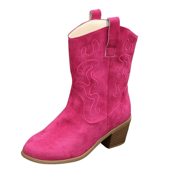 Splozh Womens Fall Boots Western Cowboy Ankle Boots for Women Low Heel Mid Calf Cowgirl Boots Slip On Round Toe Chunky Heel Fashion Retro Boots Suede Back Zipper Fall Hot Pink,US 8