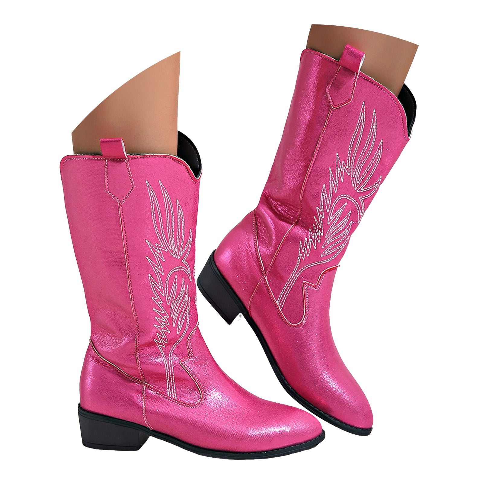 Sparkly Cowgirl Boots For Women – Color-Changing Glitter, Chunky Heel, Pointed Toe, Knee High, Side Zipper