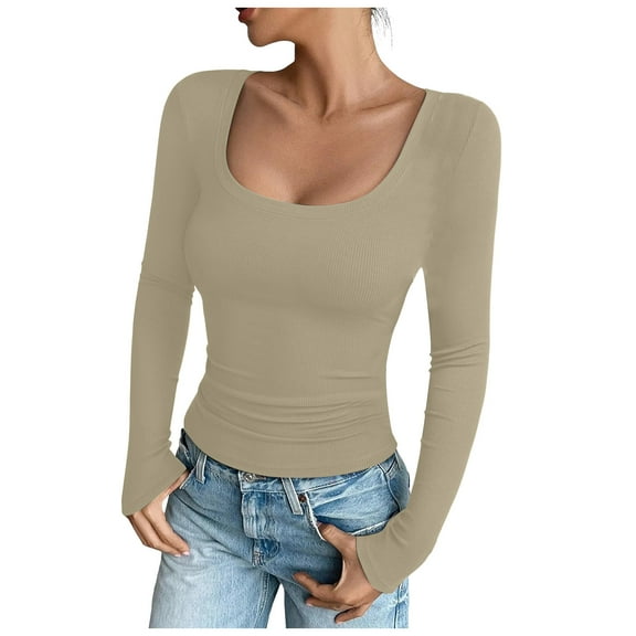 Splozh Womens Long Sleeve Fall T Shirts Womens Long Sleeve Shirts Crop Tops Fall Fashion 2025 Square Neck Going Out Basics Tees Y2k Clothes Beige,XL