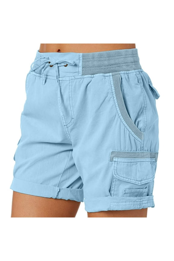 Womens Summer Shorts with Pockets Lightweight High Waisted Adjustable Tie Knot Loose Casual Short,Light Blue L