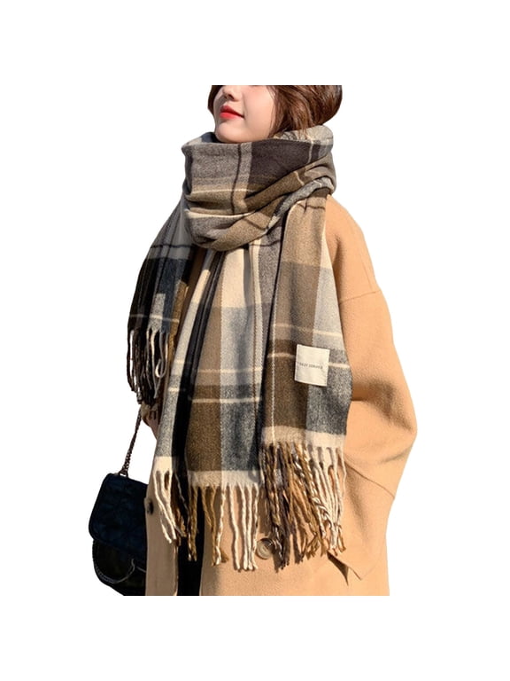 Womens Winter Scarf Thick and Warm Plaid Shawl Version Versatile Tassel Scarf Khaki,One Size