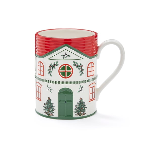 Spode 11.4 oz Christmas Tree Village Mug & Serving Set - Lead-Free (Red) - Festive House Mug with Iconic Christmas Tree Details - 7.3" x 5.6" Tidbit Tray for Serving Appetizers Dips & Holiday Display