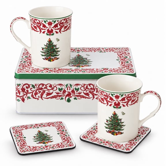 Spode 12.1 oz Christmas Tree 2026 Mug & Tin Set - Tartan, Lead-Free