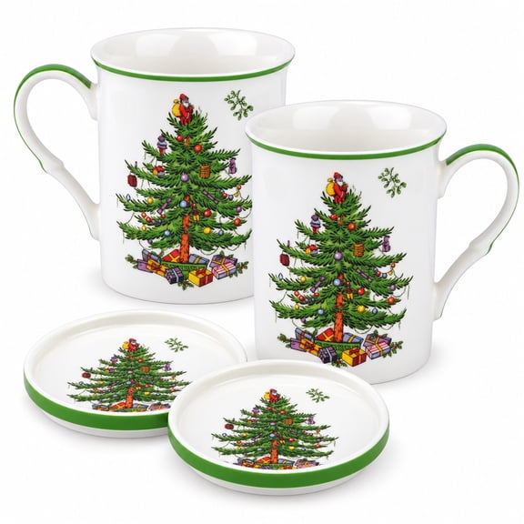 Spode 12 oz Christmas Tree Mug & Coaster, Set of 4 - Lead-Free, Porcelain