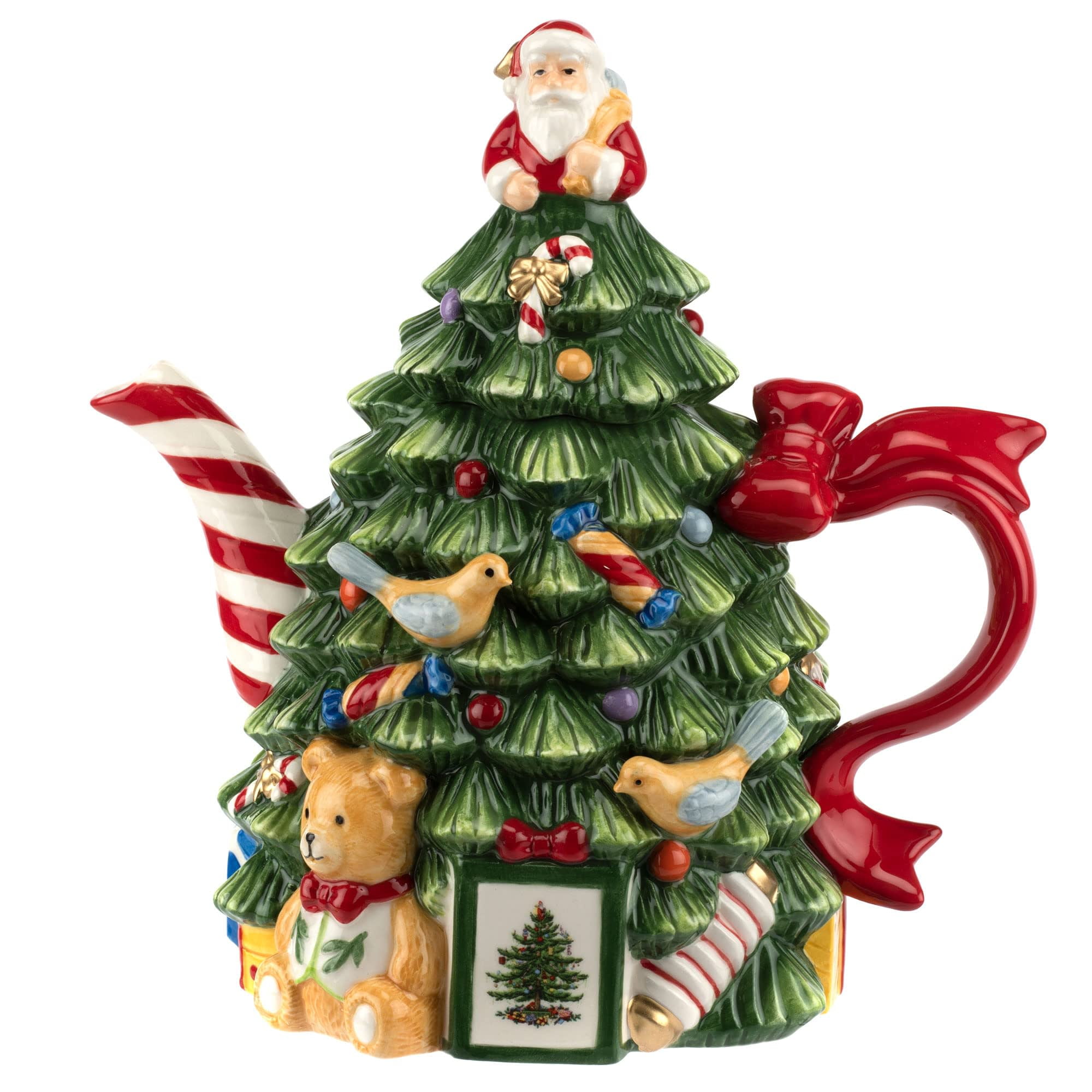 Festive Green and Red Ceramic Christmas Tree Teapot, 27 oz