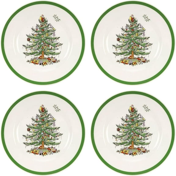 Spode 8" Green-Border Salad Plate Set - 4-Piece Christmas Tree Holiday Tableware