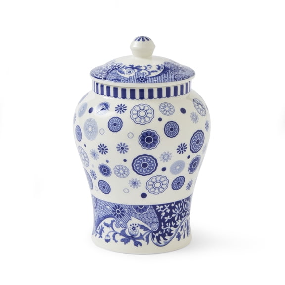 Spode Blue Italian Brocato Porcelain Ginger Jar - 5-Inch Decorative Lidded Accent with Imari Border in Classic Blue & White for Traditional & Modern Home Styling - Small Cute Flower Vase