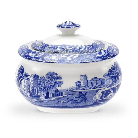 Spode Blue Italian Covered Sugar Bowl, 9 Oz Sugar Container for Coffee Bar, Kitchen Countertop, Fine Earthenware, Microwave and Dishwasher Safe, Made in England