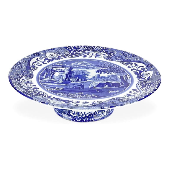 Spode Blue Italian Collection Cake Stand, 10.5 Inch Footed Cake Stand for Parties, Cupcakes, and Dessert Display, Made of Fine Porcelain, Dishwasher Safe