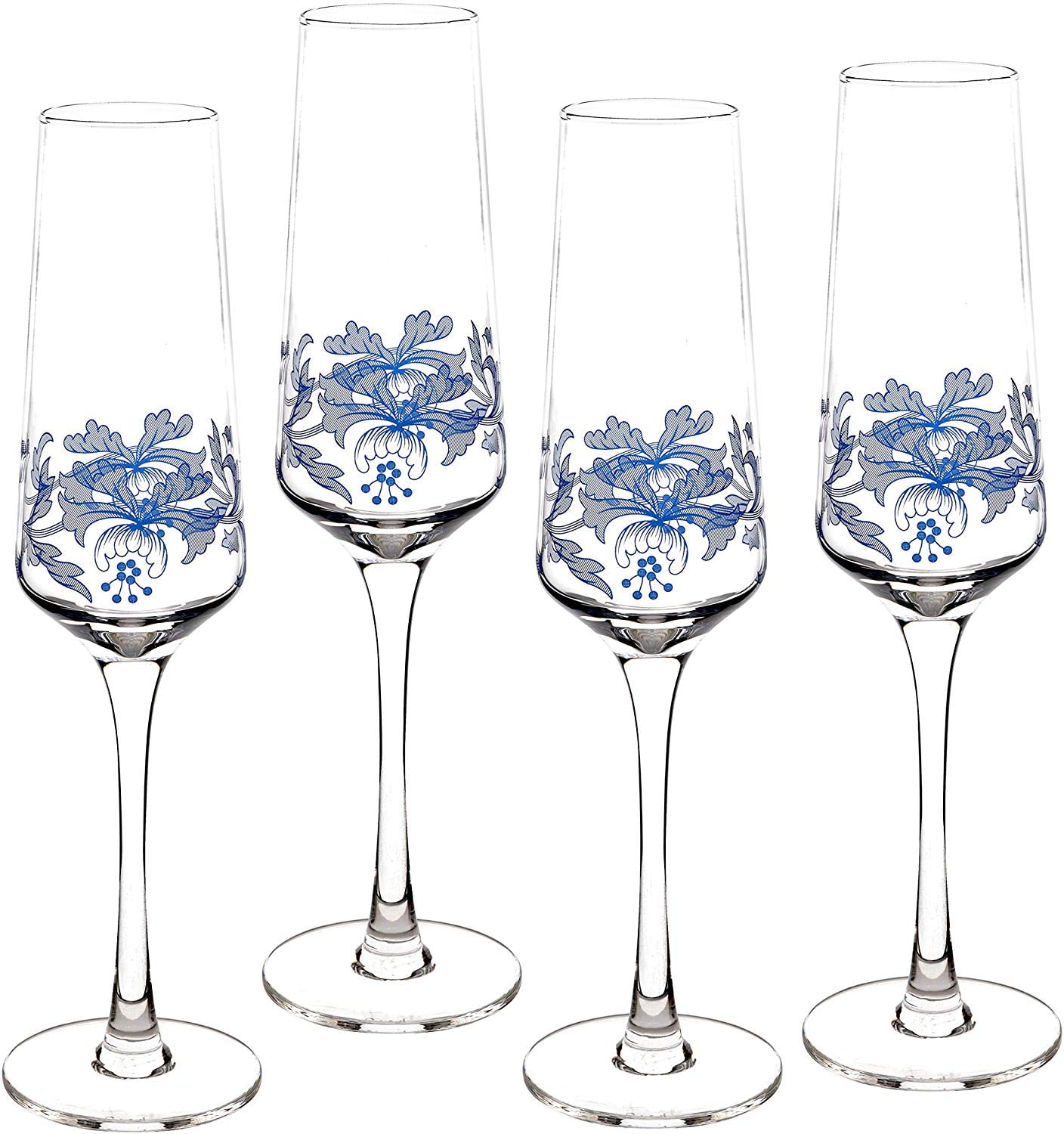 Spode Blue Italian Glassware Champagne Flutes 8 oz - Set of 4 - Blue White  - New 