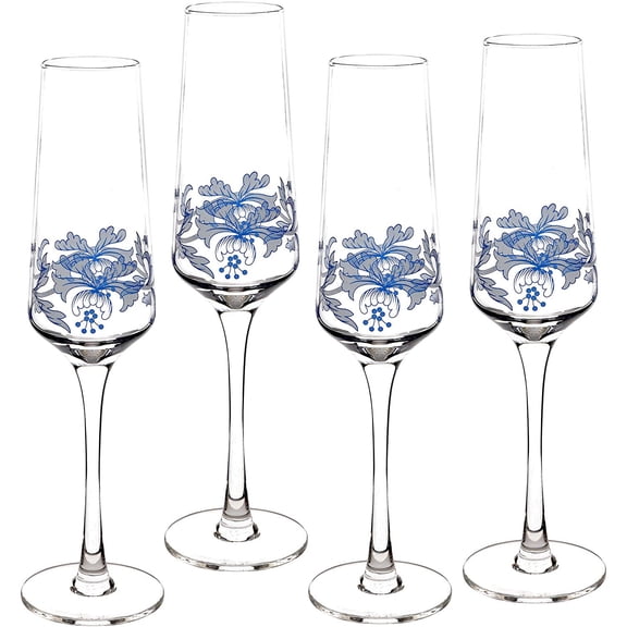 Spode Blue Italian Glassware Champagne Flutes 8 oz - Set of 4 - Blue White - New