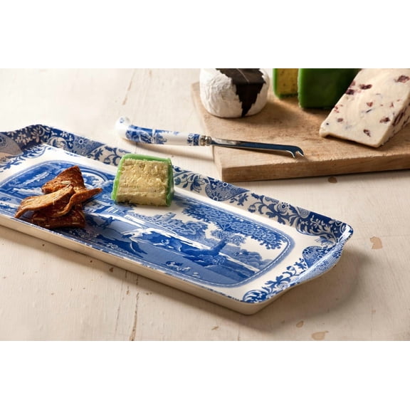 Spode Blue Italian Sandwich Tray, 13 Inch Rectangular Platter with Handles - Elegant Decorative Serving Dish for Breads, Appetizers, Fruit - Porcelain Presentation for Entertaining Table Displays