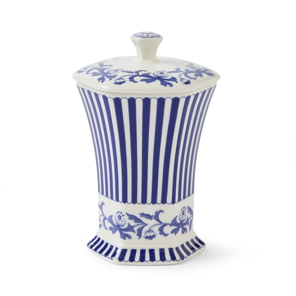 Spode Blue Italian Steccato Vase, 5.2-Inch Porcelain Hexagonal Accent with Stripe & Floral Scroll - Classic Blue & White for Contemporary Mediterranean Home Decor, Ideal for Living, Dining Room
