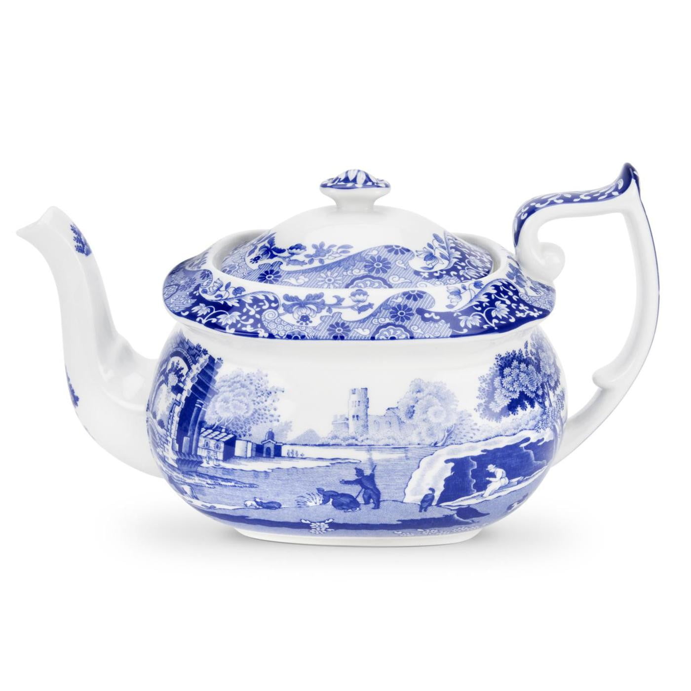 Blue and White Earthenware Teapot with Italian Countryside Design