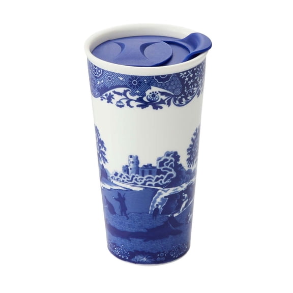Spode Blue Italian Travel Mug, Made of Porcelain, Travel Tumbler for Coffee and Tea, Hot Water Cup, Dishwasher and Microwave Safe (12 oz)