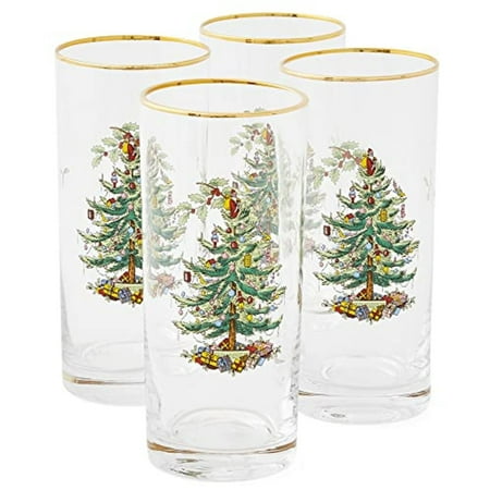 Spode Christmas Tree 15oz Highball Glasses, Set of 4 - Gold-Rimmed Elegant Holiday-Themed Glassware, Festive Holiday Drinkware for Christmas Parties, New Year’s Toasts, and Festive Occasions