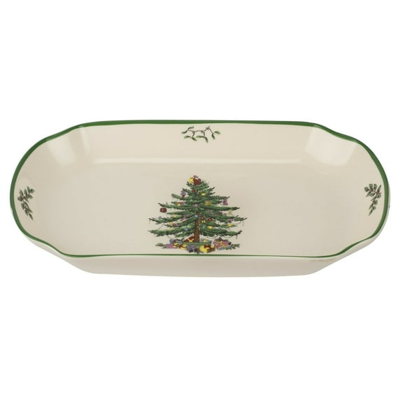 Spode Christmas Tree 11-Inch Rectangular Scalloped Tray, Stoneware Holiday Serving Platter for Appetizers, Fruits, Snacks, Desserts - Festive Tableware - Dishwasher, Microwave, Freezer Safe