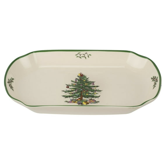 Spode Christmas Tree 11-Inch Rectangular Scalloped Tray, Stoneware Holiday Serving Platter for Appetizers, Fruits, Snacks, Desserts - Festive Tableware - Dishwasher, Microwave, Freezer Safe