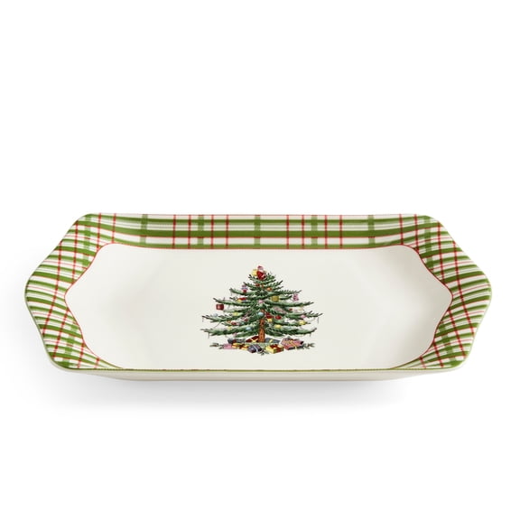 Spode Christmas Tree 12" Dessert Tray, Collector Porcelain Rectangular Platter- Holiday Entertaining, Festive Sideboard Display with Gingham Checker Accents - Oven, Dishwasher & Microwave Safe