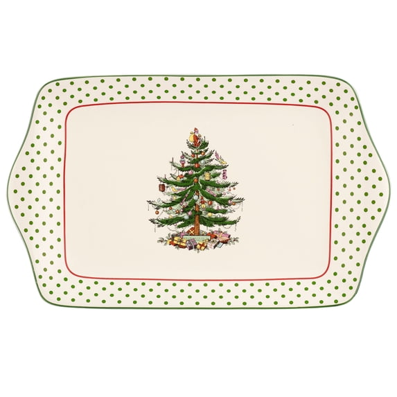 Spode Christmas Tree 12-Inch Polka Dot Dessert Tray - Festive Holiday Serving Platter for Desserts, Appetizers, Side Dishes - Christmas Tree & Polka Dots - Dishwasher, Microwave, Freezer Safe