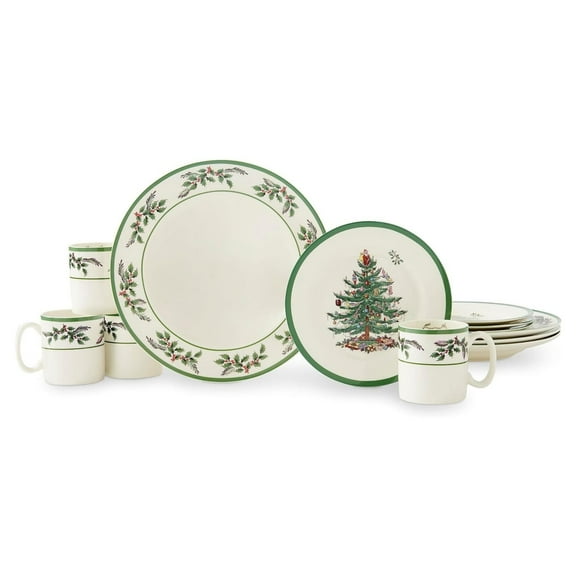 Spode Christmas Tree 12-Piece Dinnerware Set (Service for 4) - Festive Holiday Tableware with Plates & Mugs - Fine Earthenware Christmas Dinnerware - Microwave & Dishwasher Safe