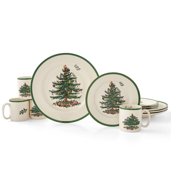 Spode Christmas Tree 12-Piece Dinnerware Set (Service for 4)  Made in the UK  New & Improved  Fine Earthenware Holiday Dinner Set  Microwave & Dishwasher Safe  Christmas Tableware, Festive Set