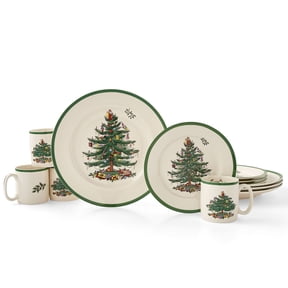 Spode Christmas Tree 12-Piece Dinnerware Set (Service for 4) Made in the UK New & Improved Fine Earthenware Holiday Dinner Set Microwave & Dishwasher Safe Christmas Tableware, Festive Set