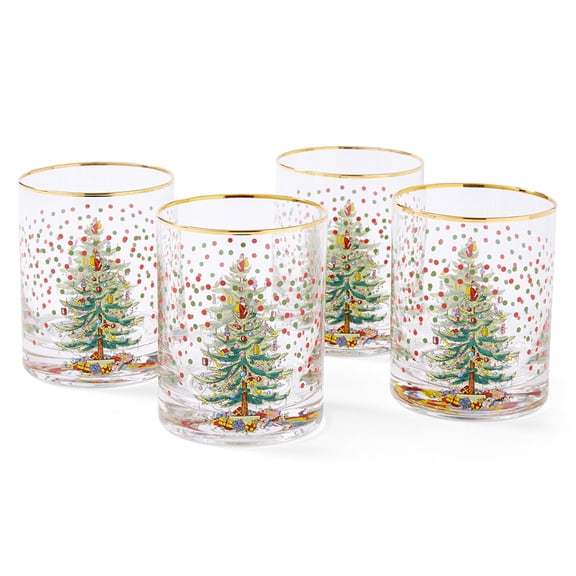 Spode Christmas Tree 14 Fl. Oz. Double Old Fashion Glass (Set of 4), Polka Dot - Whiskey & Bourbon Glasses for Festive Entertaining, Old-Fashioned & Rocks Glasses for Holiday Drinks
