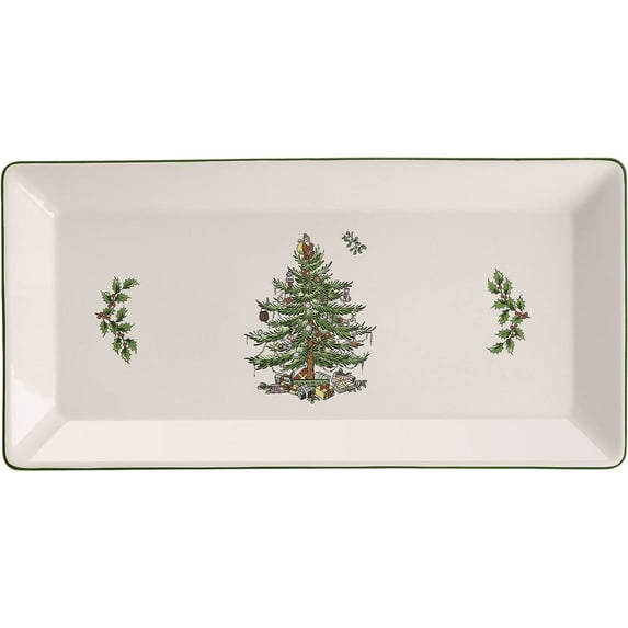 Spode Christmas Tree 14-Inch Rectangular Sandwich Tray, Porcelain Serving Platter for Tea Sandwiches, Desserts, Appetizers - Holiday Tableware with Festive Charm, Dishwasher, Microwave, Freezer Safe