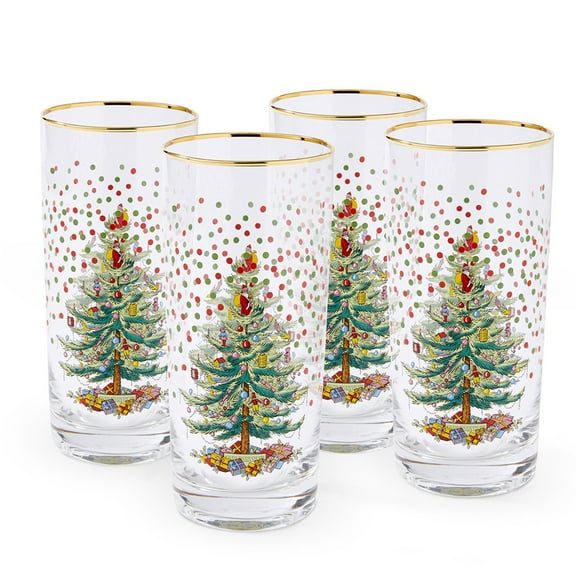 Spode Christmas Tree 15 Fl. Oz. Highball Glass (Set of 4), Polka Dot Classic Highball & Barware, Cocktail Glasses for Mixed Drinks, Beverage Glasses for Holiday Celebrations